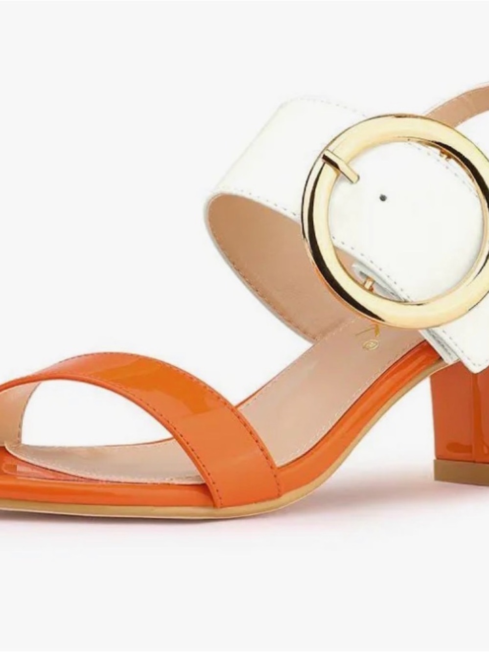 Allegra K Orange and White Block Heel Sandal with Gold Buckle